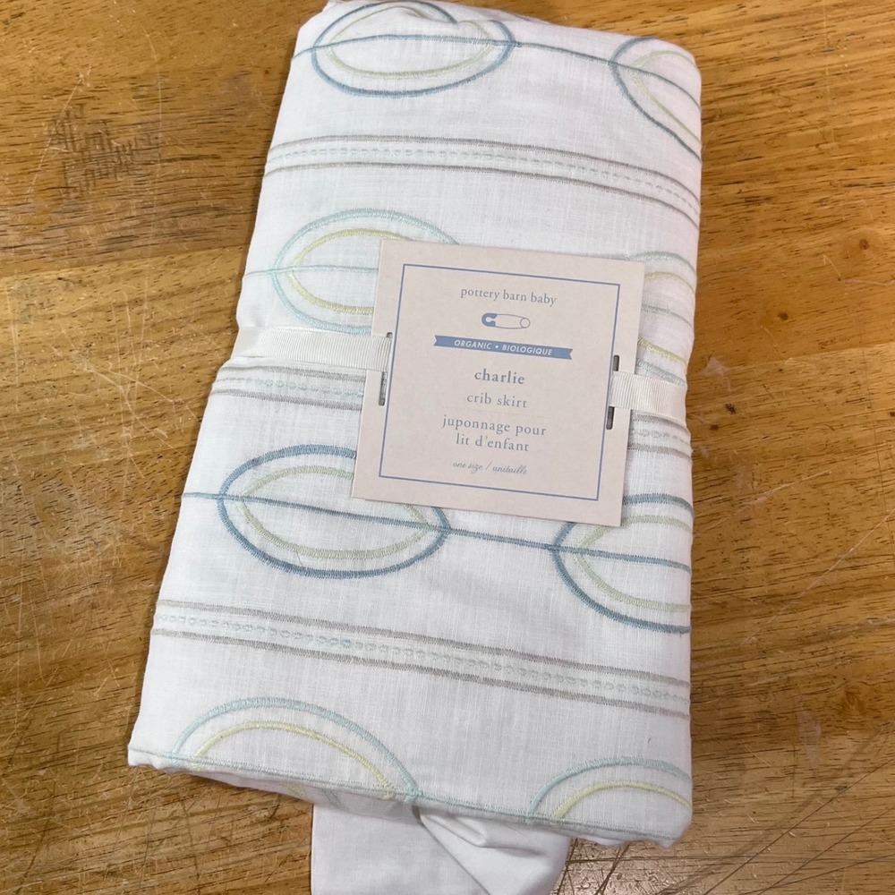 Pottery Barn Baby Charlie Organic Cotton Crib Skirt White Blue Green 28x52 16"D